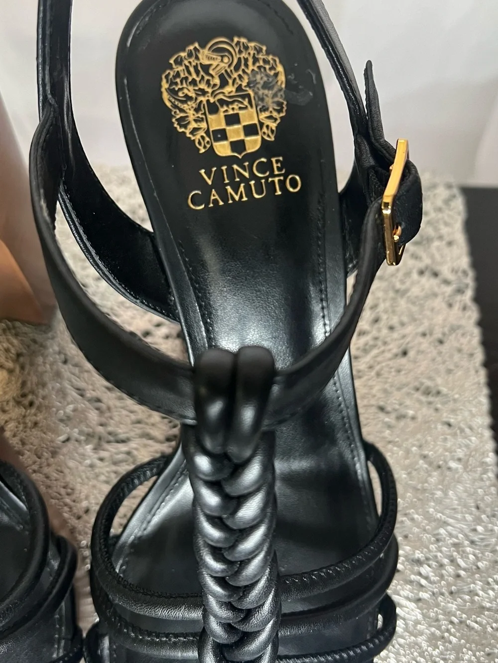 Vince Camuto Black Braided T-Strap Platform Sandal with Wood-Look Heel